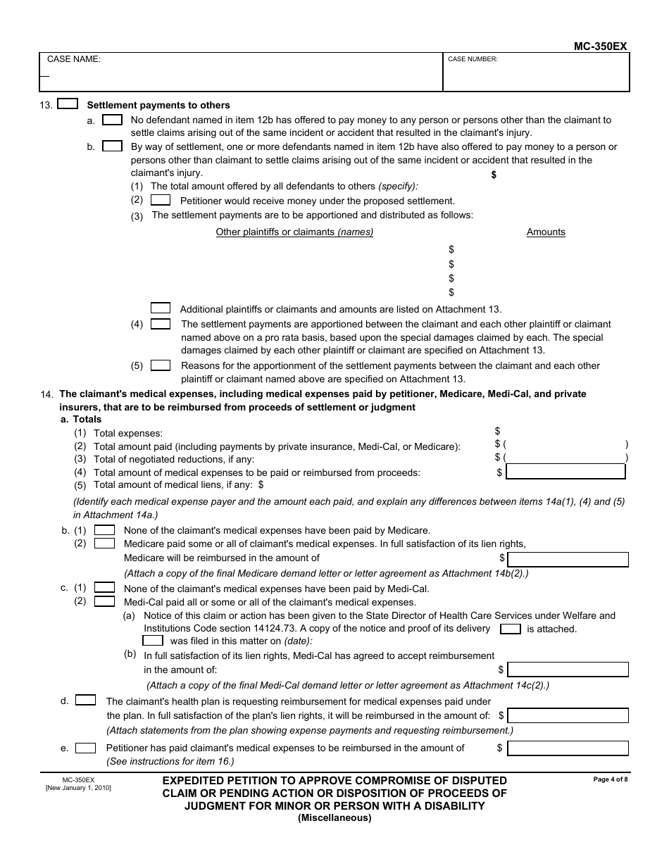 Form MC-350EX Expedited Petition to Approve Compromise of Disputed Claim or Pending Action or Disposition of Proceeds of Judgment for Minor or Person With a Disability - California, Page 4