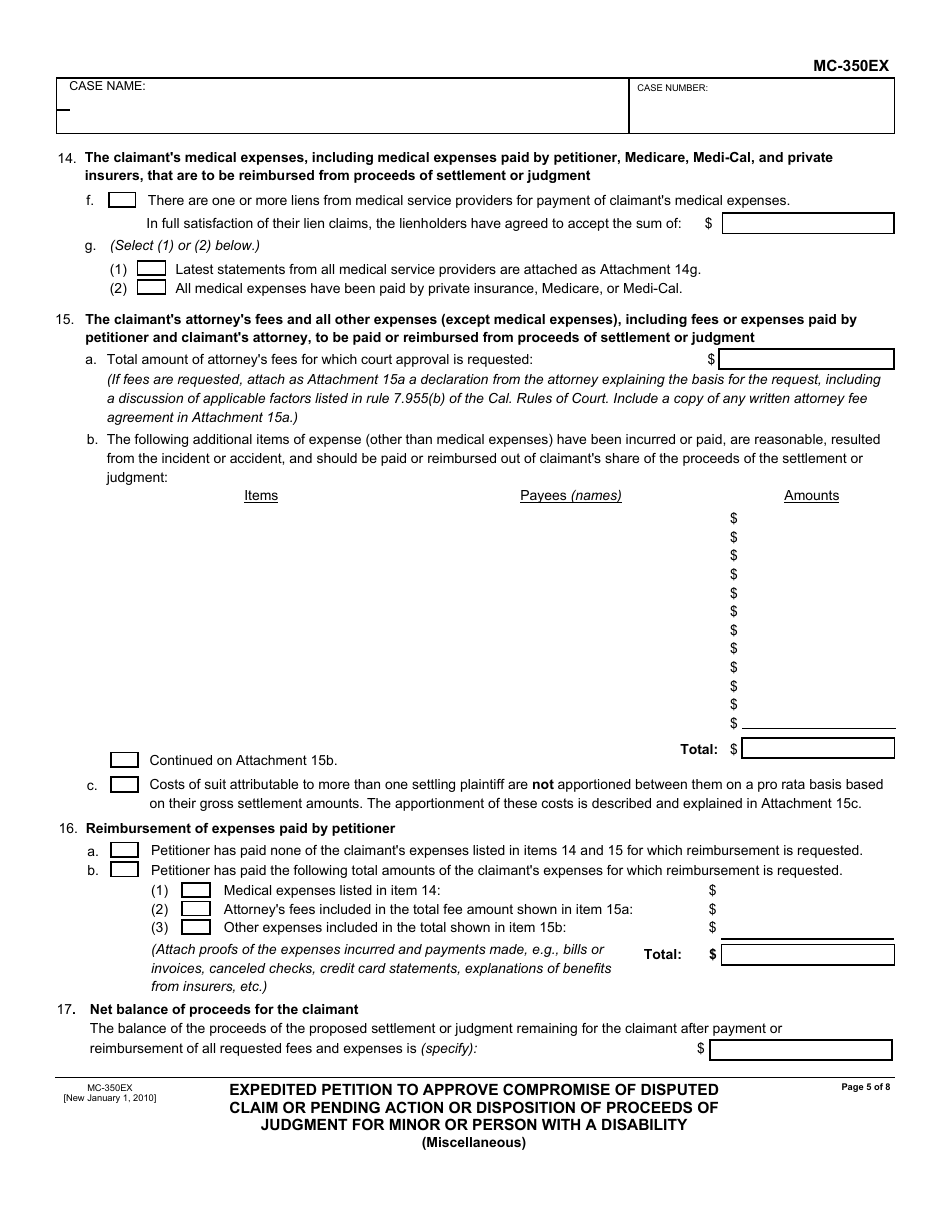 Form MC-350EX Expedited Petition to Approve Compromise of Disputed Claim or Pending Action or Disposition of Proceeds of Judgment for Minor or Person With a Disability - California, Page 5