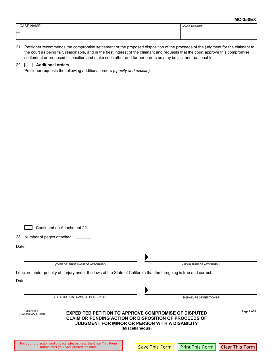 Form MC-350EX Expedited Petition to Approve Compromise of Disputed Claim or Pending Action or Disposition of Proceeds of Judgment for Minor or Person With a Disability - California, Page 8