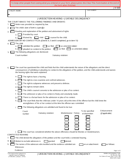 Form JV-644  Printable Pdf