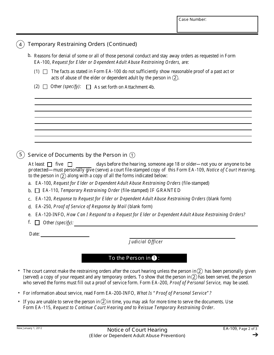 Form EA-109 Notice of Court Hearing - California, Page 2