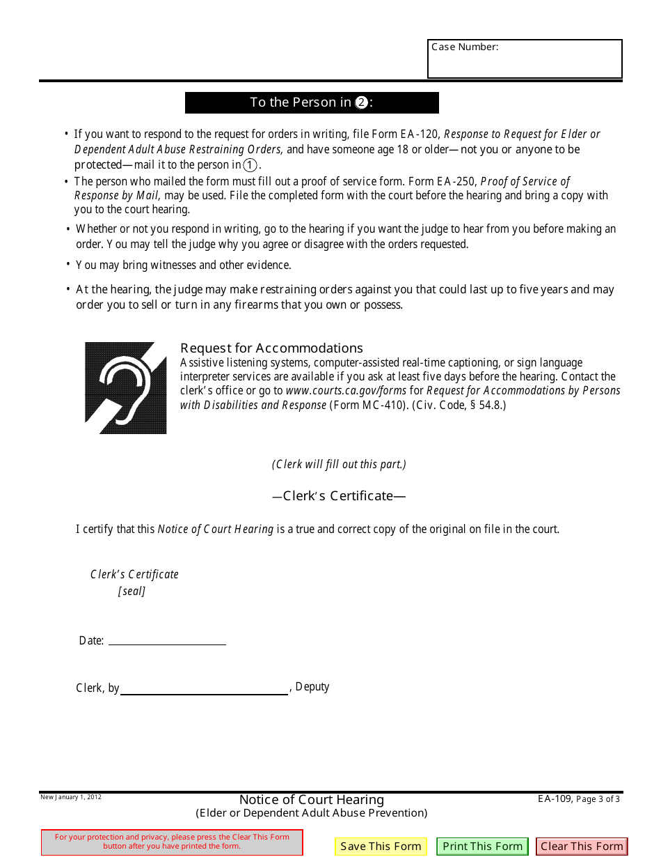 Form EA-109 Notice of Court Hearing - California, Page 3