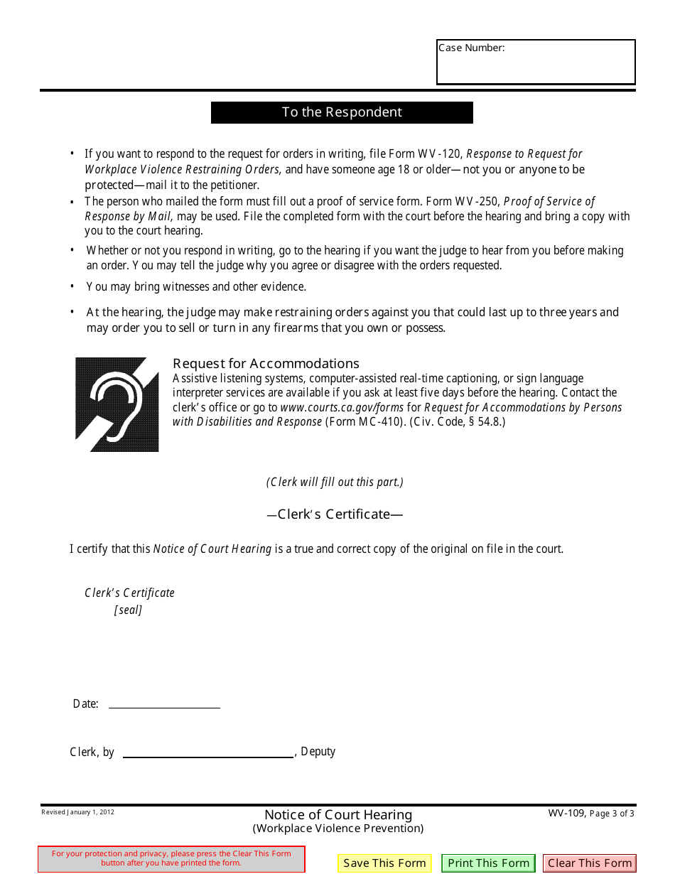 Form WV-109 Notice of Court Hearing - California, Page 3