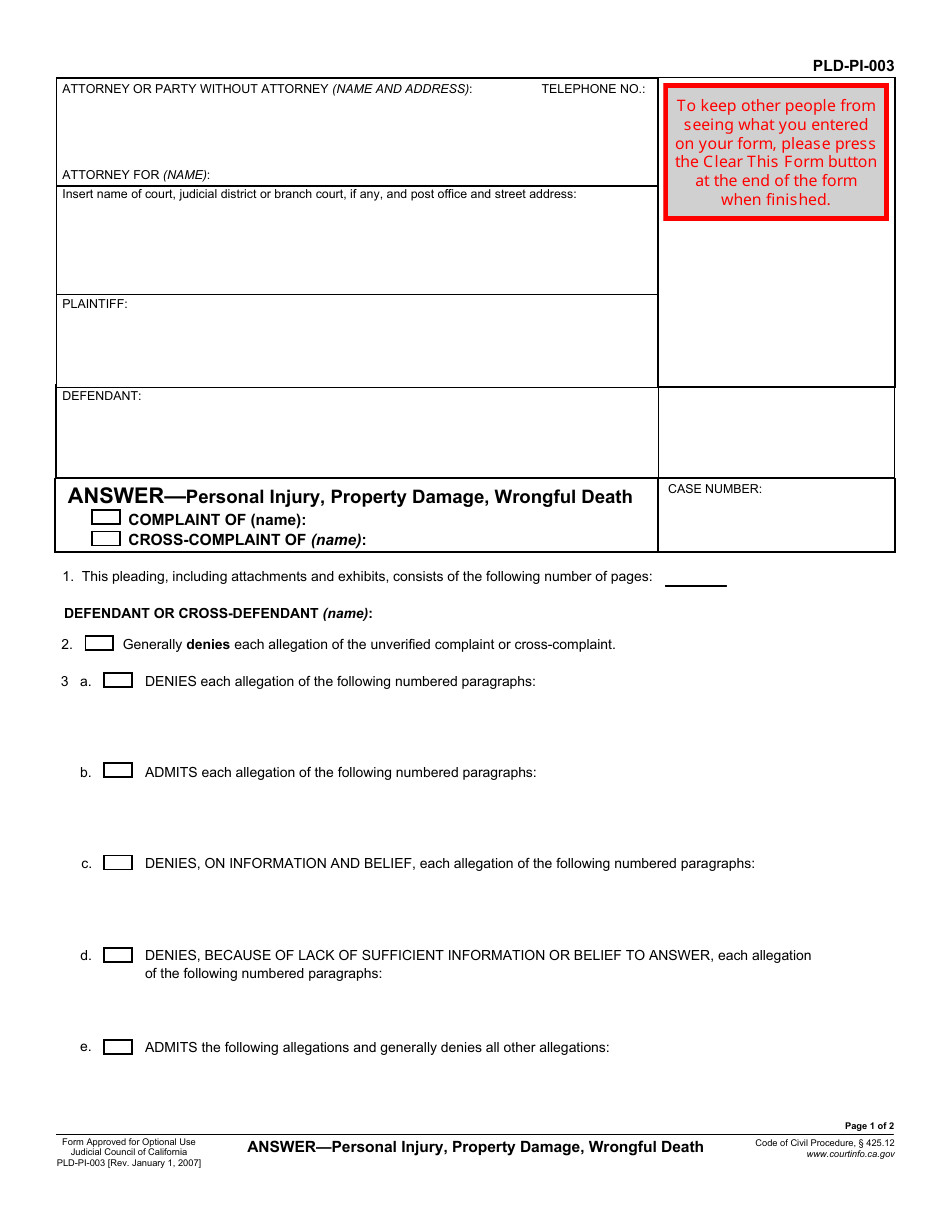 Form PLD-PI-003 Answer - Personal Injury, Property Damage, Wrongful Death - California, Page 1