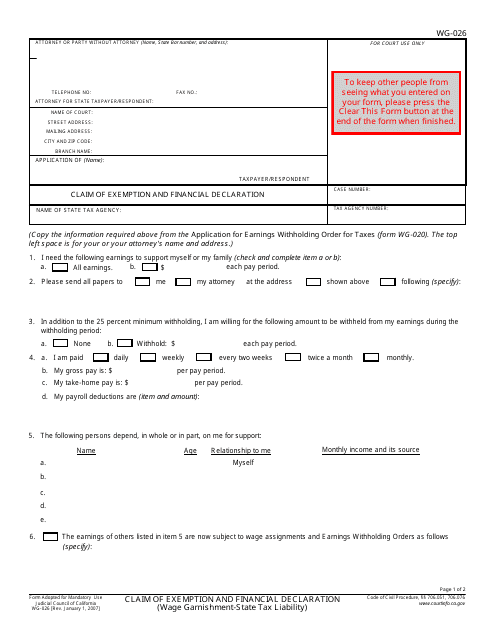 Form WG-026 Claim of Exemption and Financial Declaration (State Tax Liability) - California