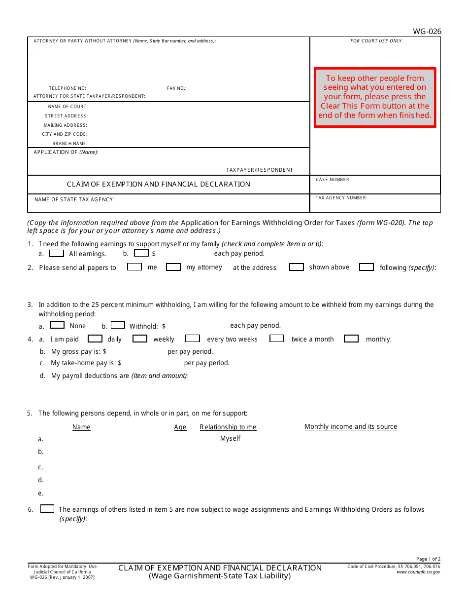 Form WG-026 Claim of Exemption and Financial Declaration (State Tax Liability) - California, Page 1
