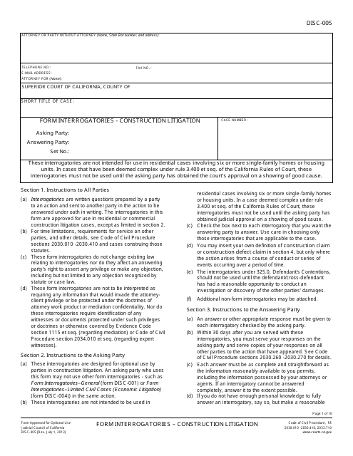Form DISC-005 Form Interrogatories - Construction Litigation - California