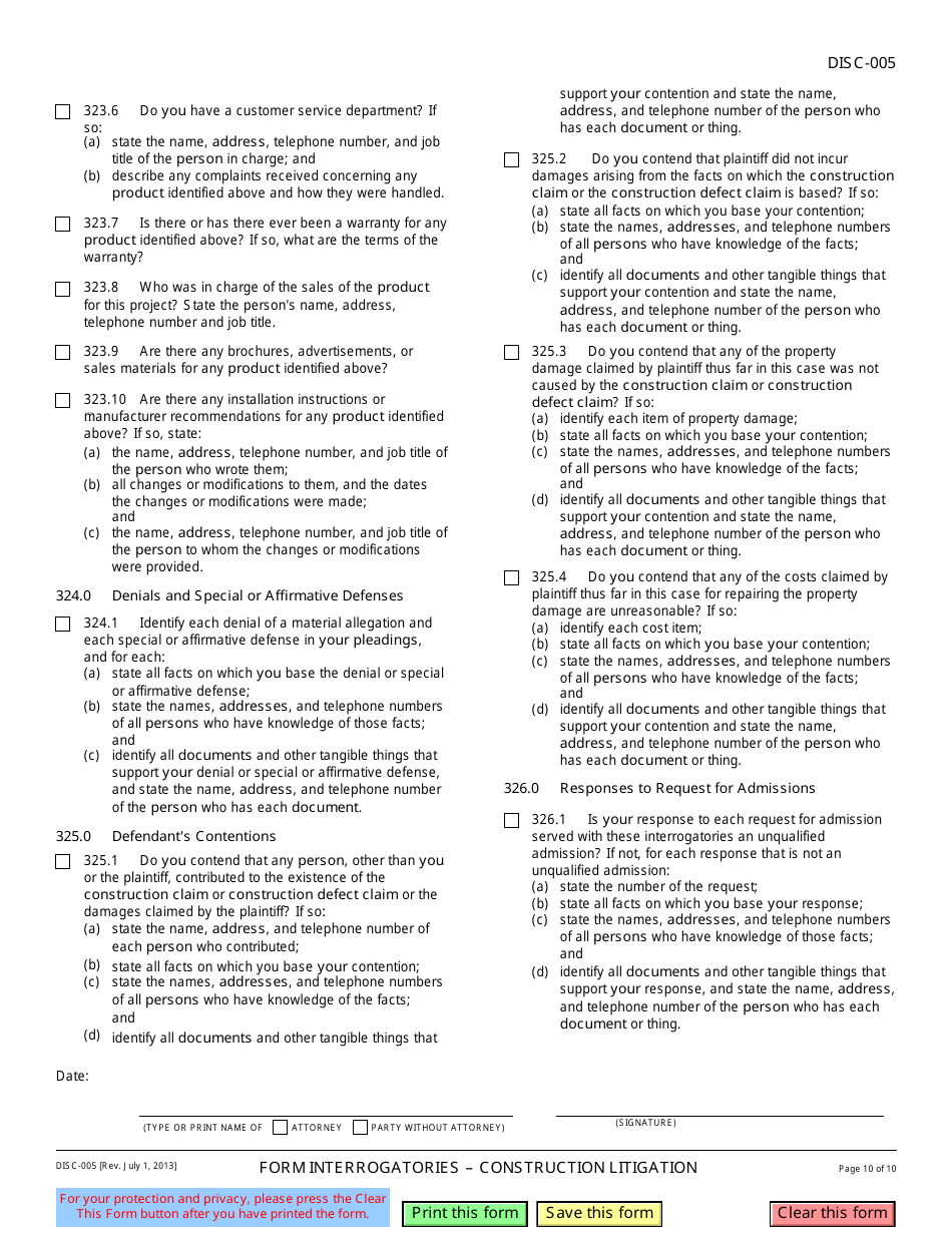 Form DISC-005 Form Interrogatories - Construction Litigation - California, Page 10