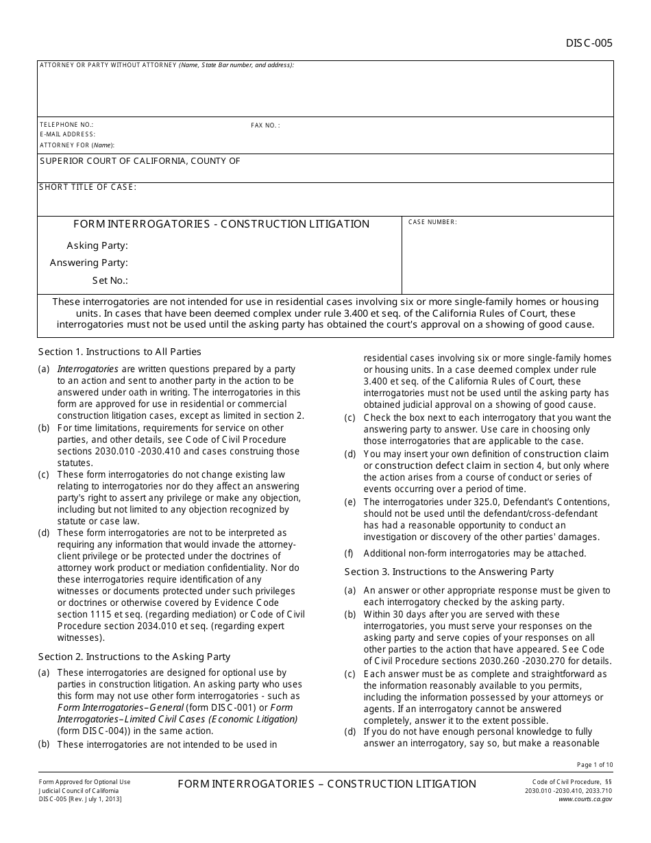 Form DISC-005 Form Interrogatories - Construction Litigation - California, Page 1