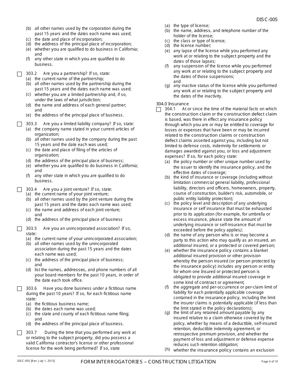 Form DISC-005 Form Interrogatories - Construction Litigation - California, Page 4