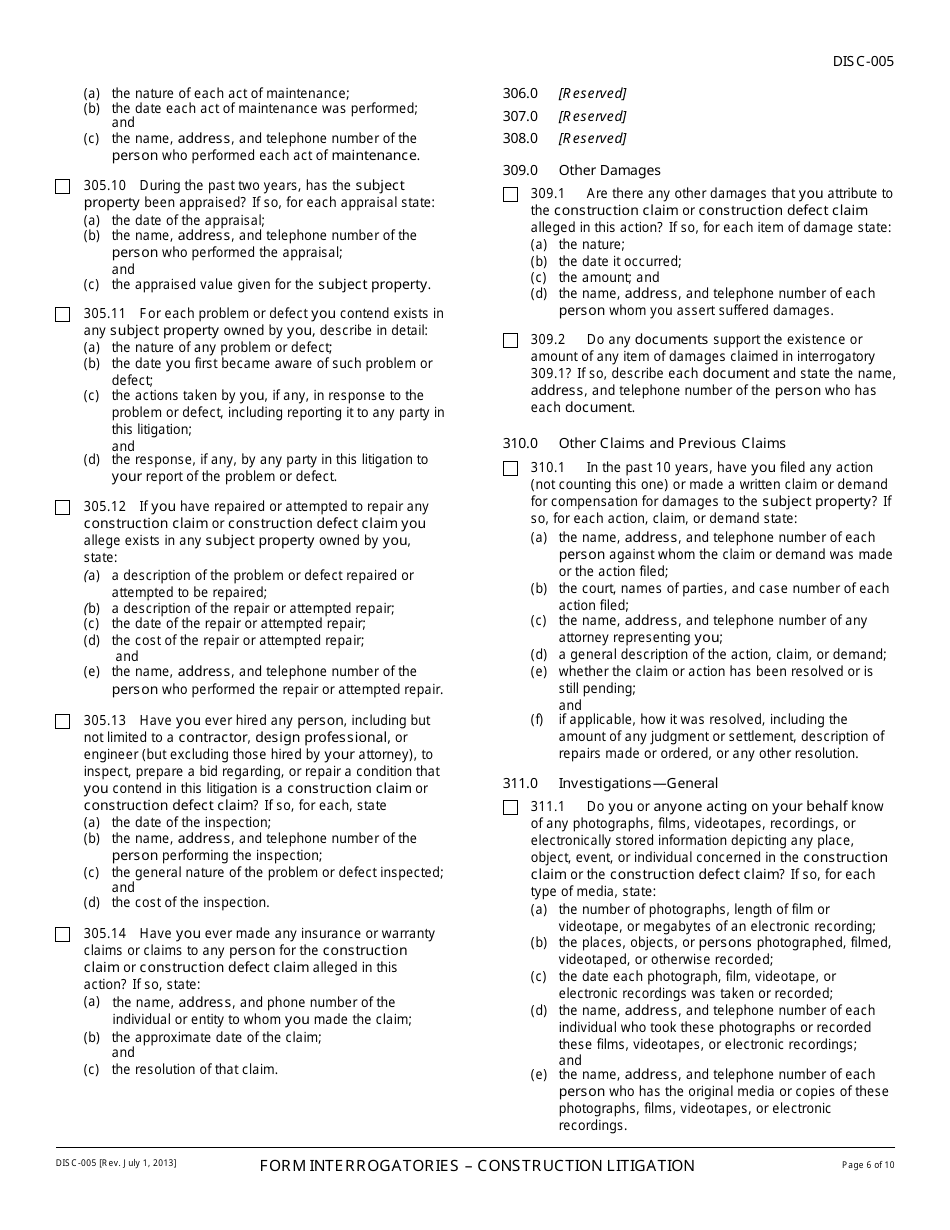 Form DISC-005 Form Interrogatories - Construction Litigation - California, Page 6