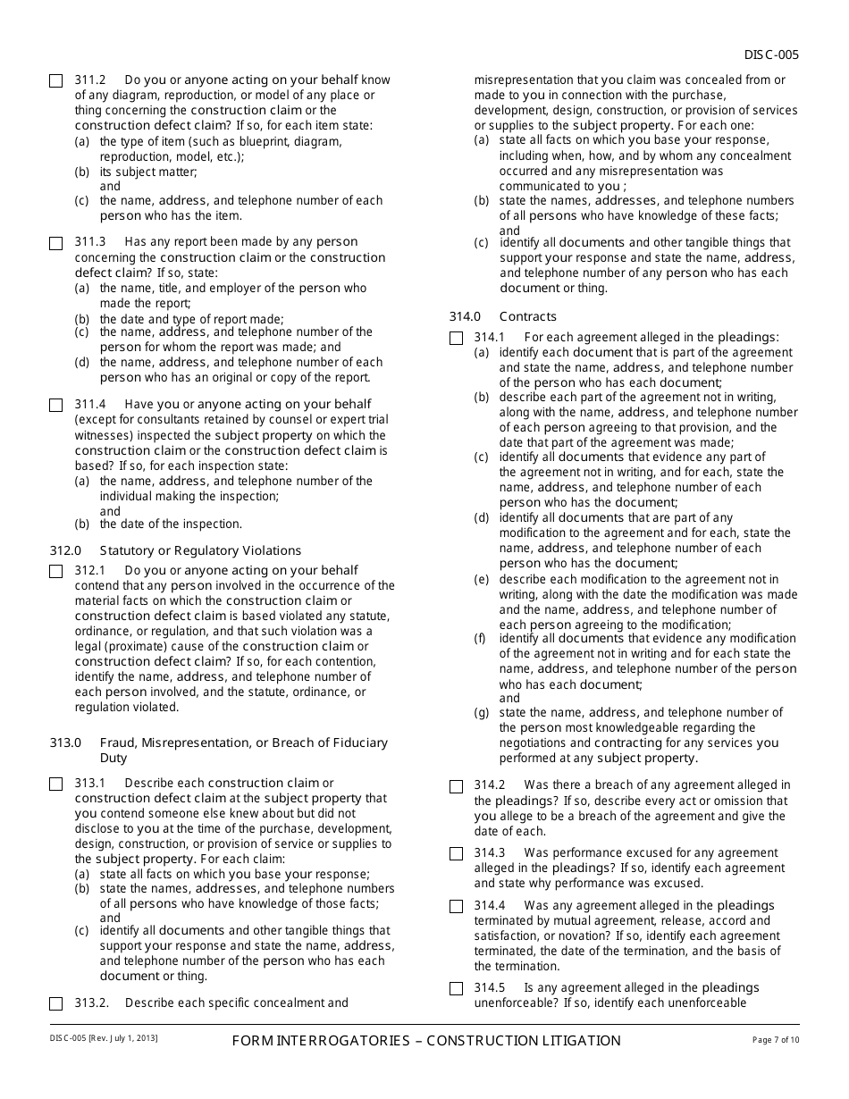 Form DISC-005 Form Interrogatories - Construction Litigation - California, Page 7