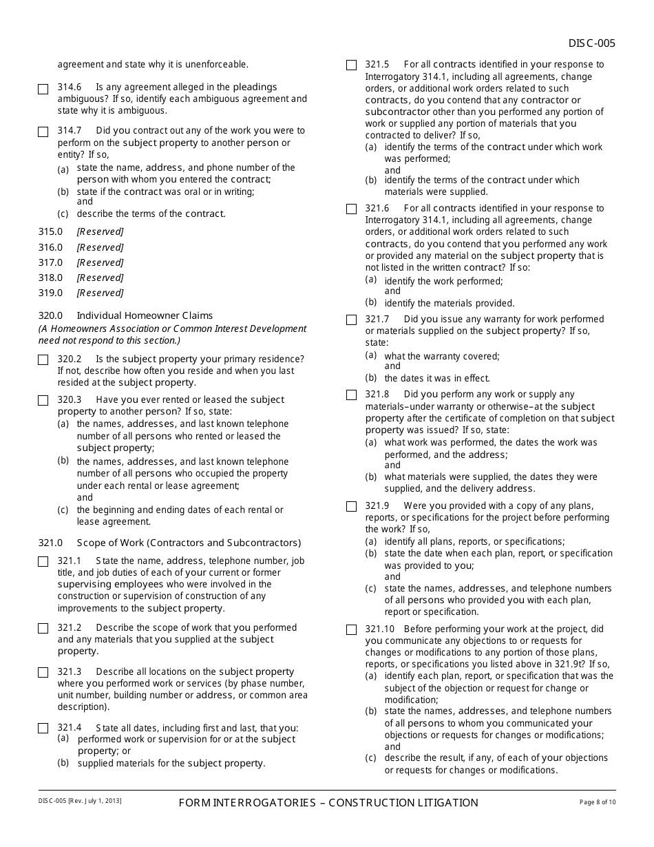 Form DISC-005 Form Interrogatories - Construction Litigation - California, Page 8