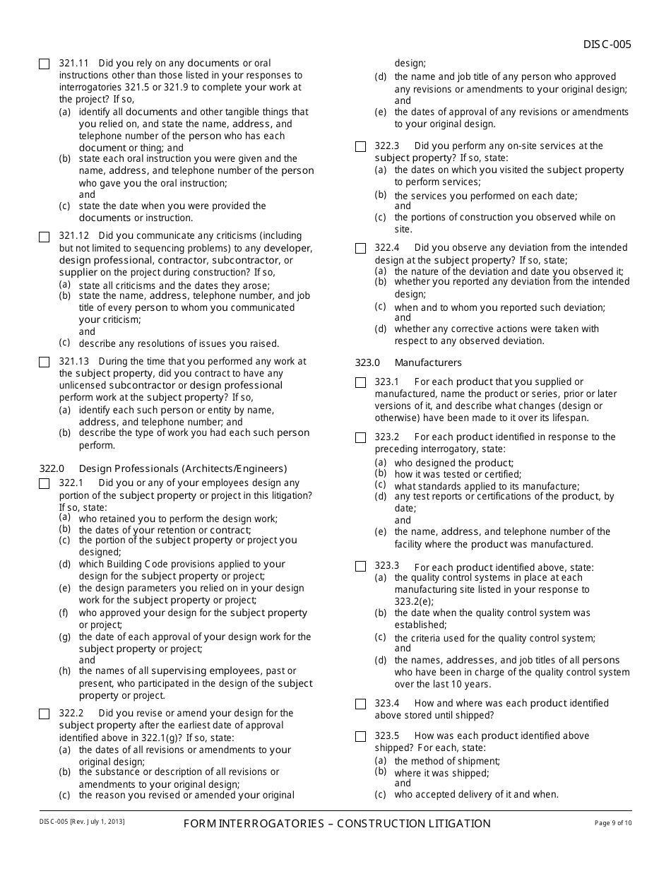 Form DISC-005 Form Interrogatories - Construction Litigation - California, Page 9