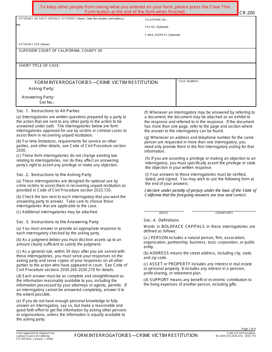Form CR-200 Form Interrogatories - Crime Victim Restitution - California, Page 1
