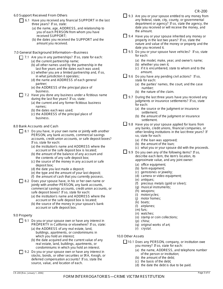 Form CR-200 Form Interrogatories - Crime Victim Restitution - California, Page 3