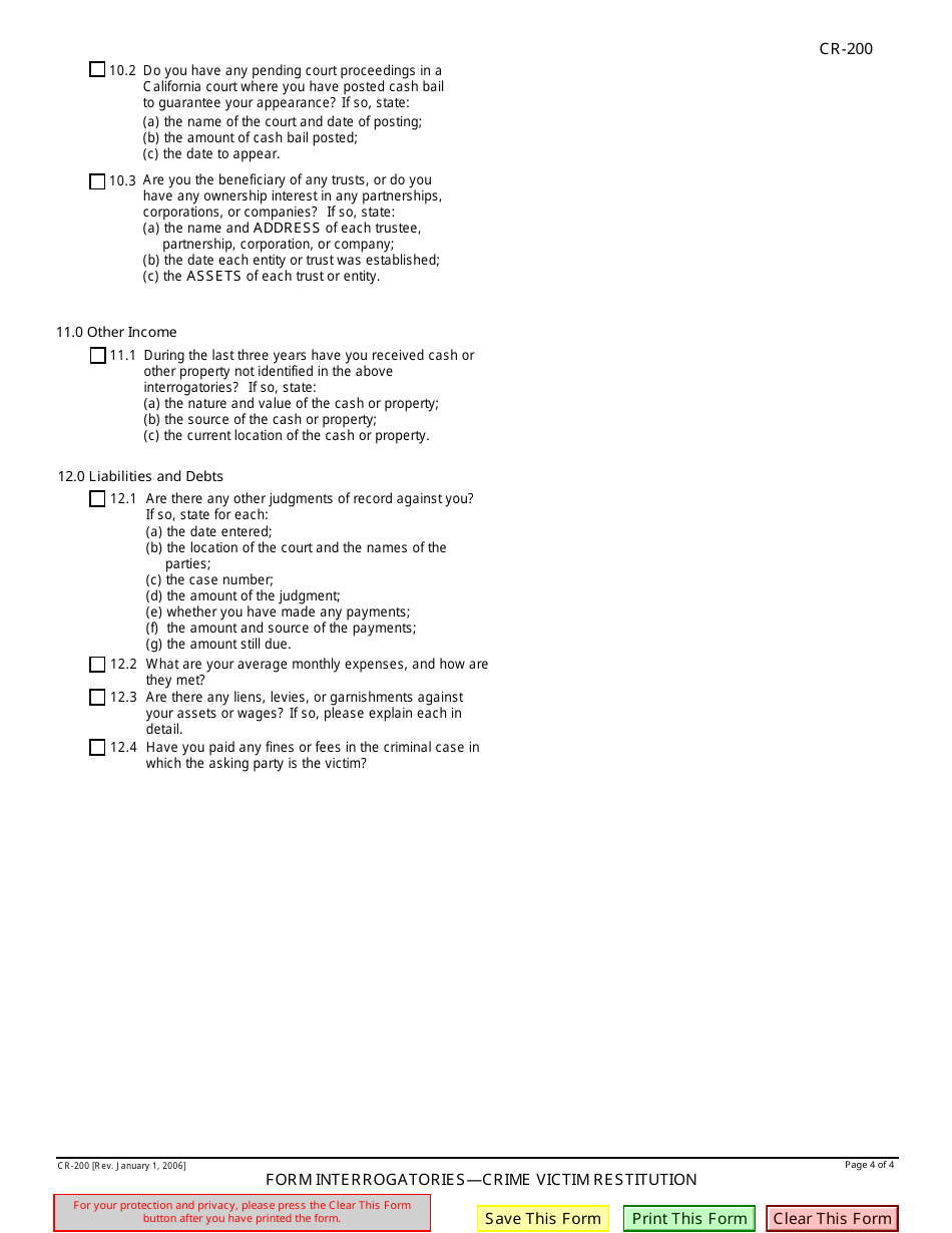 Form CR-200 Form Interrogatories - Crime Victim Restitution - California, Page 4