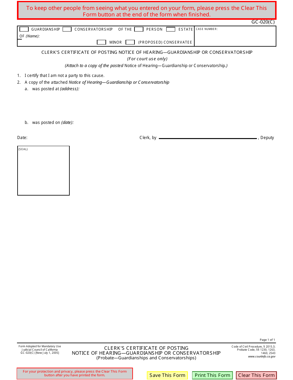 Form GC-020(C) Clerks Certificate of Posting Notice of Hearing - Guardianship or Conservatorship - California, Page 1