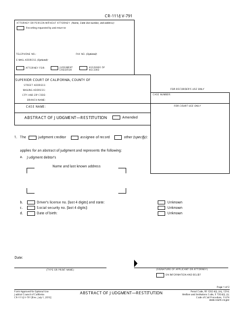 Form CR-111 (JV-791)  Printable Pdf