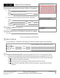 Document preview: Form SV-109 Notice of Court Hearing (Private Postsecondary School Violence Prevention) - California