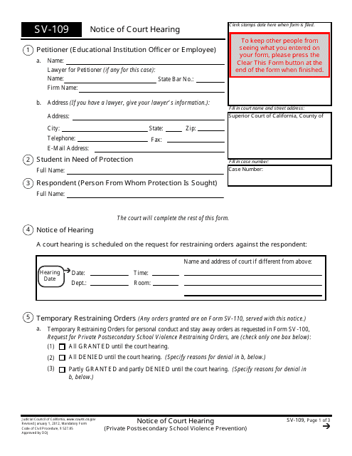 Form SV-109 Notice of Court Hearing (Private Postsecondary School Violence Prevention) - California