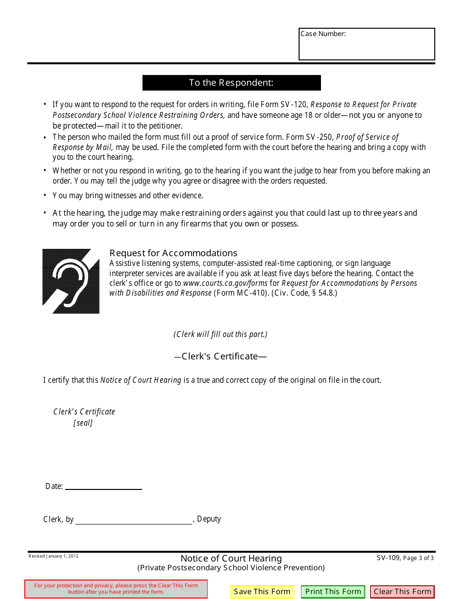 Form SV-109 Notice of Court Hearing (Private Postsecondary School Violence Prevention) - California, Page 3
