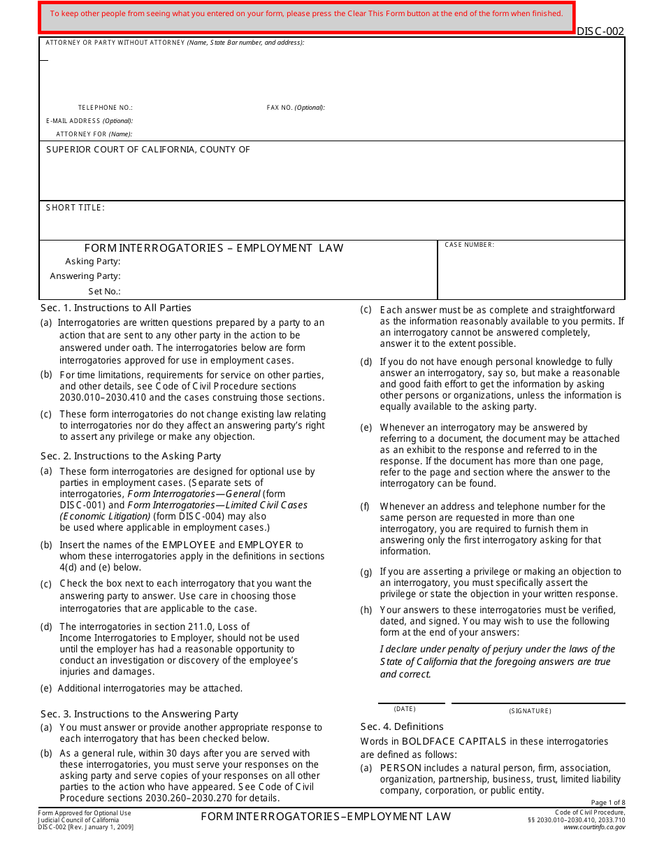 Form DISC-002 Form Interrogatories - Employment Law - California, Page 1