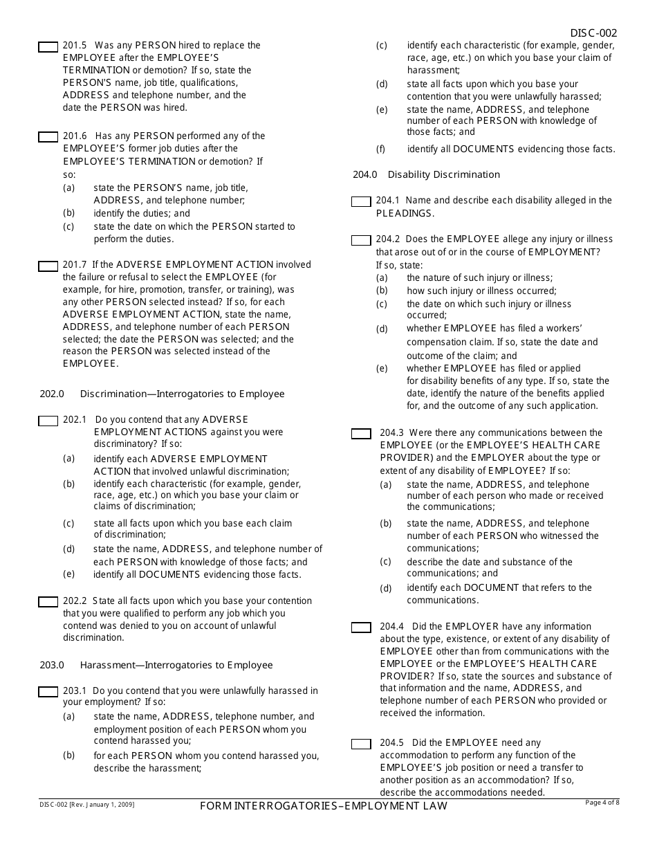 Form DISC-002 Form Interrogatories - Employment Law - California, Page 4