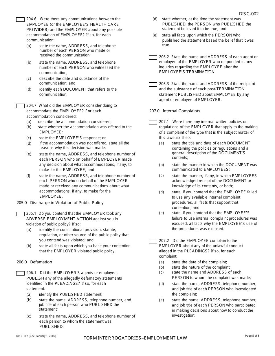 Form DISC-002 Form Interrogatories - Employment Law - California, Page 5