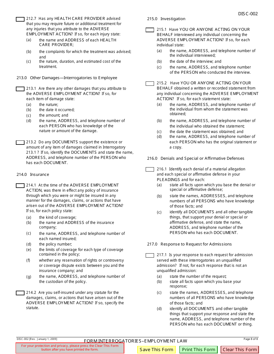 Form DISC-002 Form Interrogatories - Employment Law - California, Page 8
