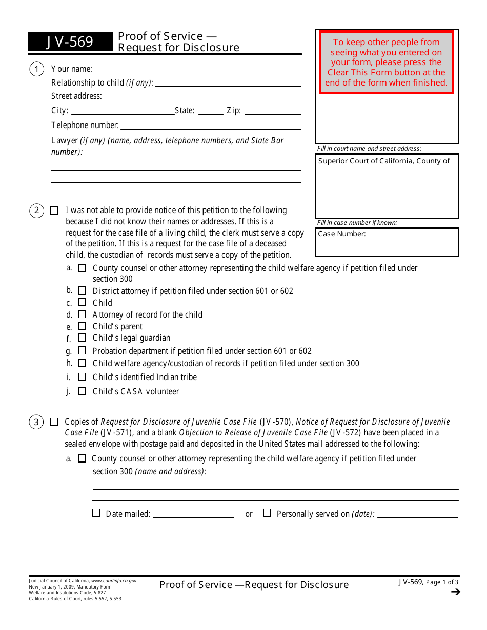 Form JV-569 Proof of Service - Request for Disclosure - California, Page 1