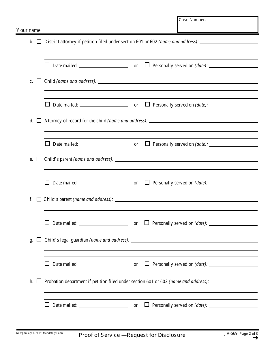 Form JV-569 Proof of Service - Request for Disclosure - California, Page 2