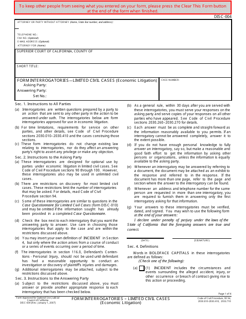 Form DISC-004 Form Interrogatories - Limited Civil Cases (Economic Litigation) - California