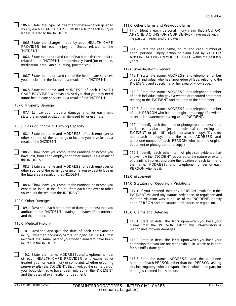 Form DISC-004 Form Interrogatories - Limited Civil Cases (Economic Litigation) - California, Page 3