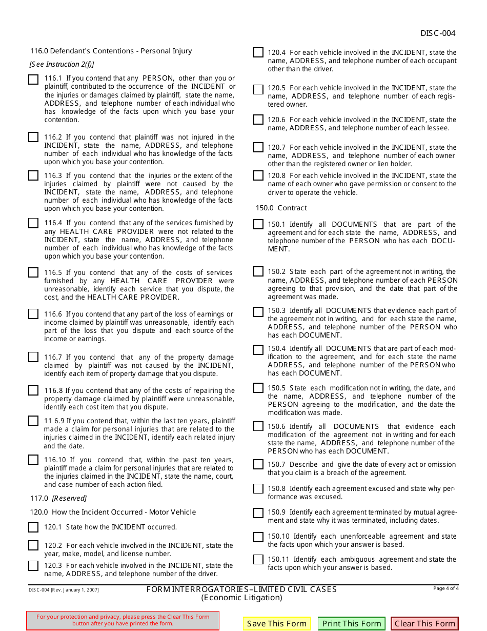 Form DISC-004 Form Interrogatories - Limited Civil Cases (Economic Litigation) - California, Page 4