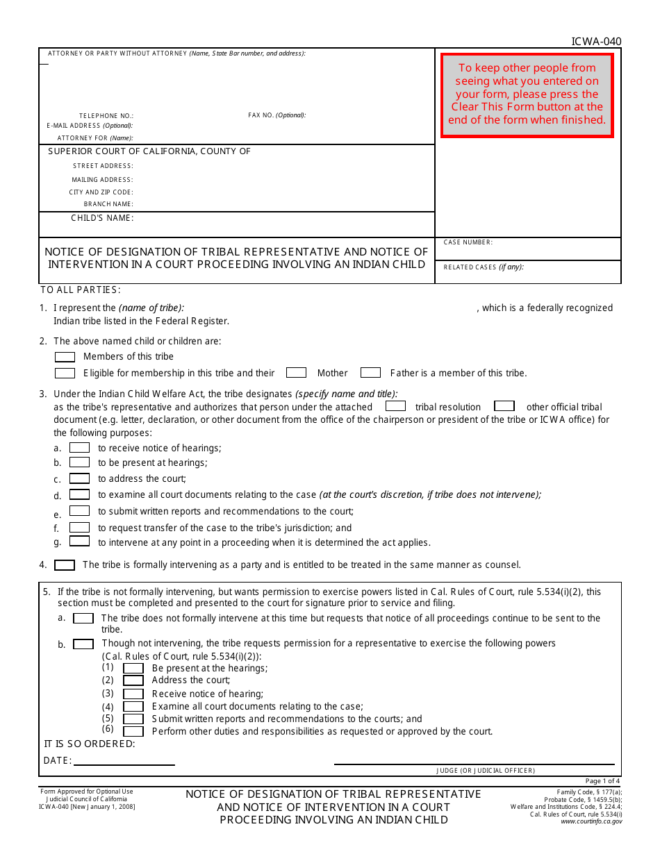 Form ICWA-040 - Fill Out, Sign Online and Download Fillable PDF ...