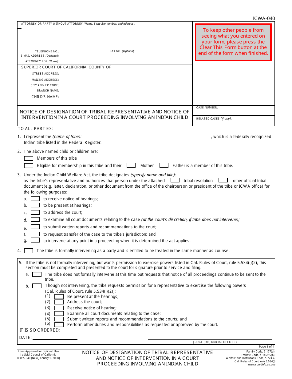 Form ICWA-040 Notice of Designation of Tribal Representative and Notice of Intervention in a Court Proceeding Involving an Indian Child - California, Page 1