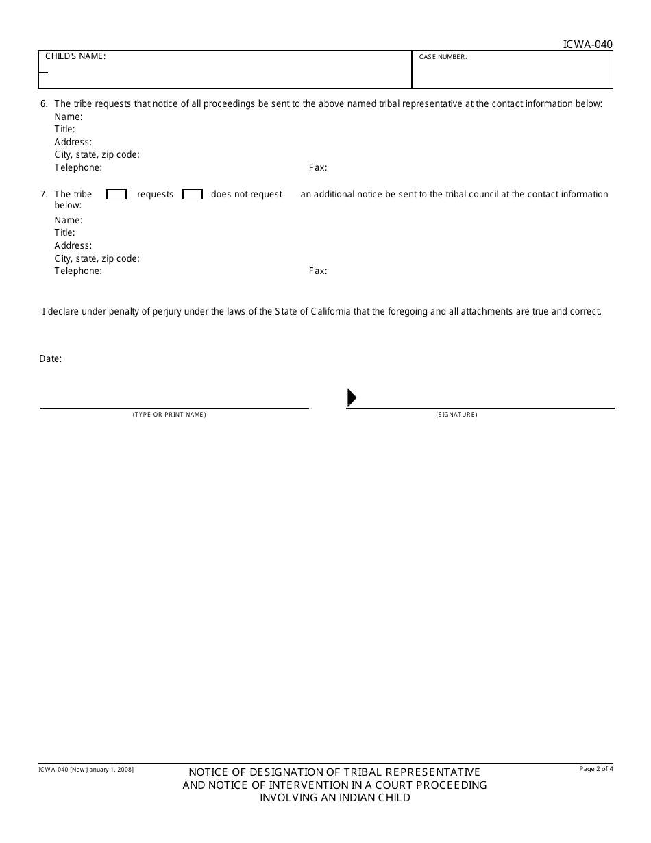 Form ICWA-040 Notice of Designation of Tribal Representative and Notice of Intervention in a Court Proceeding Involving an Indian Child - California, Page 2