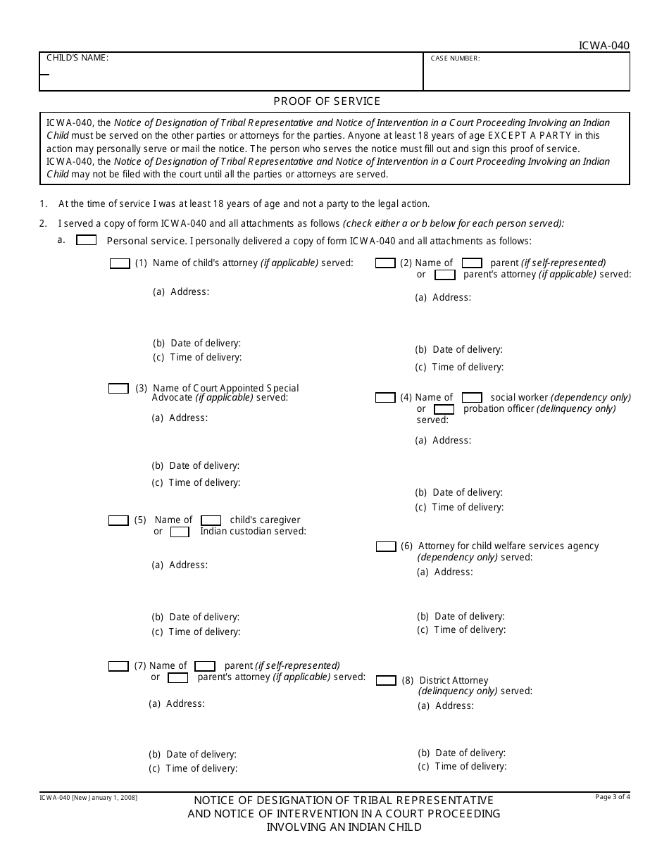 Form ICWA-040 Notice of Designation of Tribal Representative and Notice of Intervention in a Court Proceeding Involving an Indian Child - California, Page 3