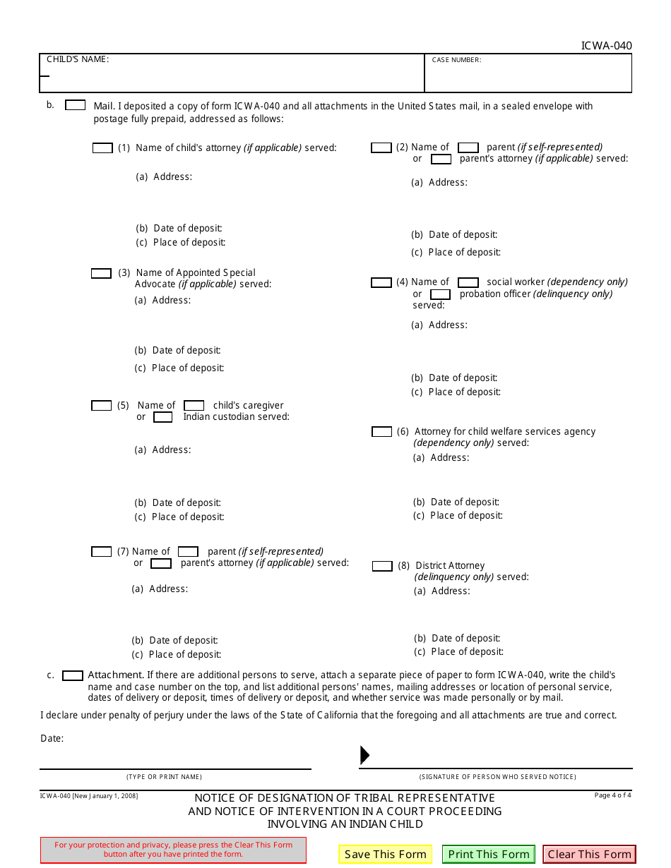 Form ICWA-040 Notice of Designation of Tribal Representative and Notice of Intervention in a Court Proceeding Involving an Indian Child - California, Page 4