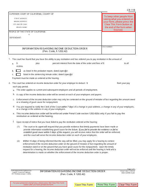 Form CR-118 Information Regarding Income Deduction Order (Pen. Code,1202.42) - California