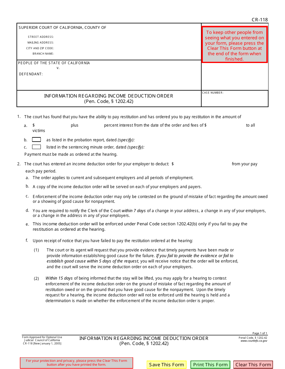 Form CR-118 Information Regarding Income Deduction Order (Pen. Code,1202.42) - California, Page 1