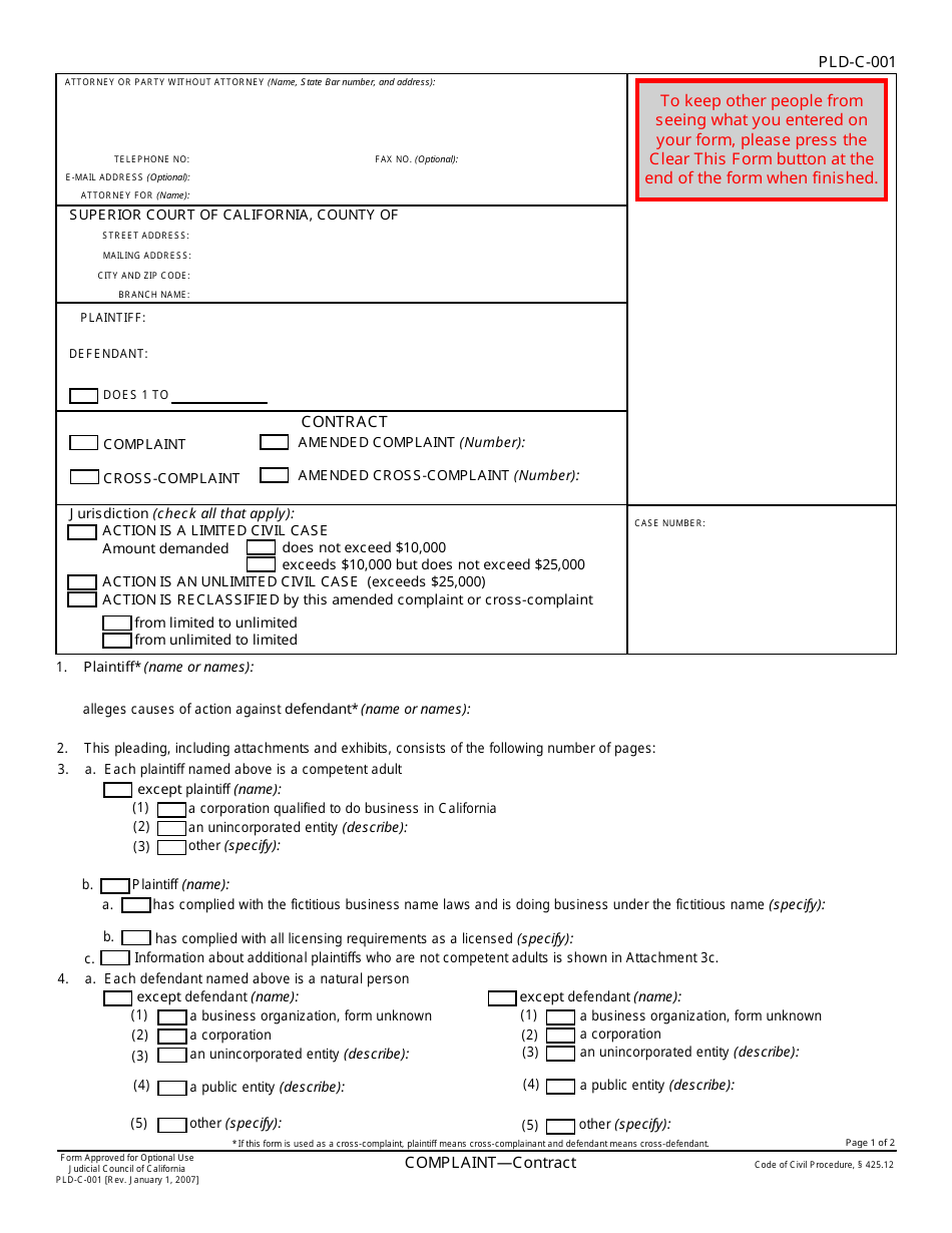 Form PLD-C-001 Complaint - Contract - California, Page 1