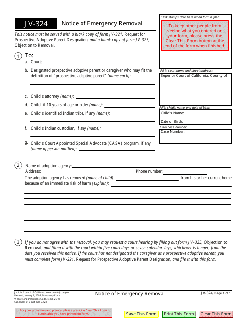 Form JV-324 Notice of Emergency Removal - California