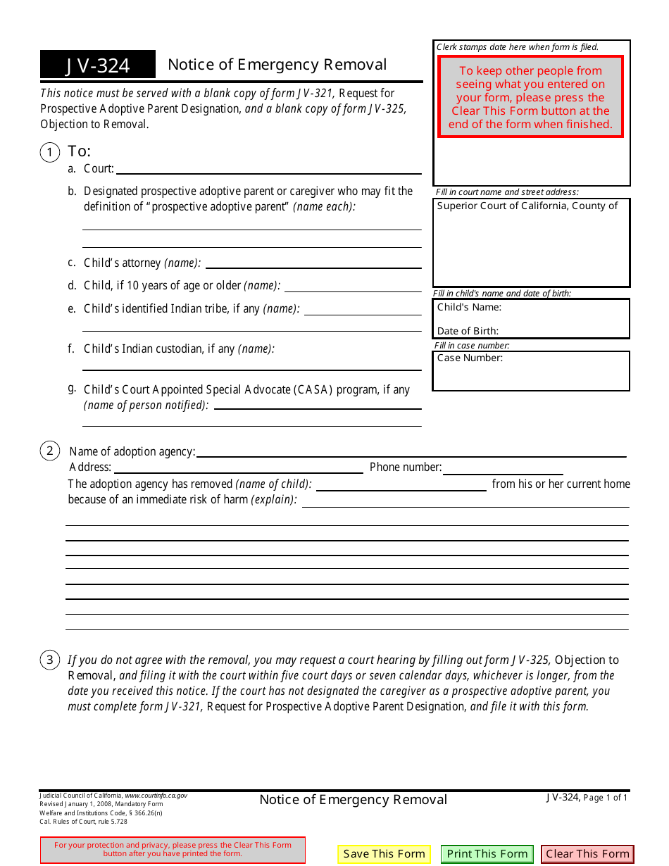 Form JV-324 Notice of Emergency Removal - California, Page 1