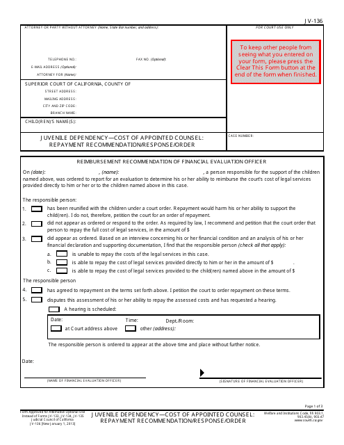 Form JV-136 Juvenile Dependency - Cost of Appointed Counsel: Repayment Recommendation/Response/Order - California