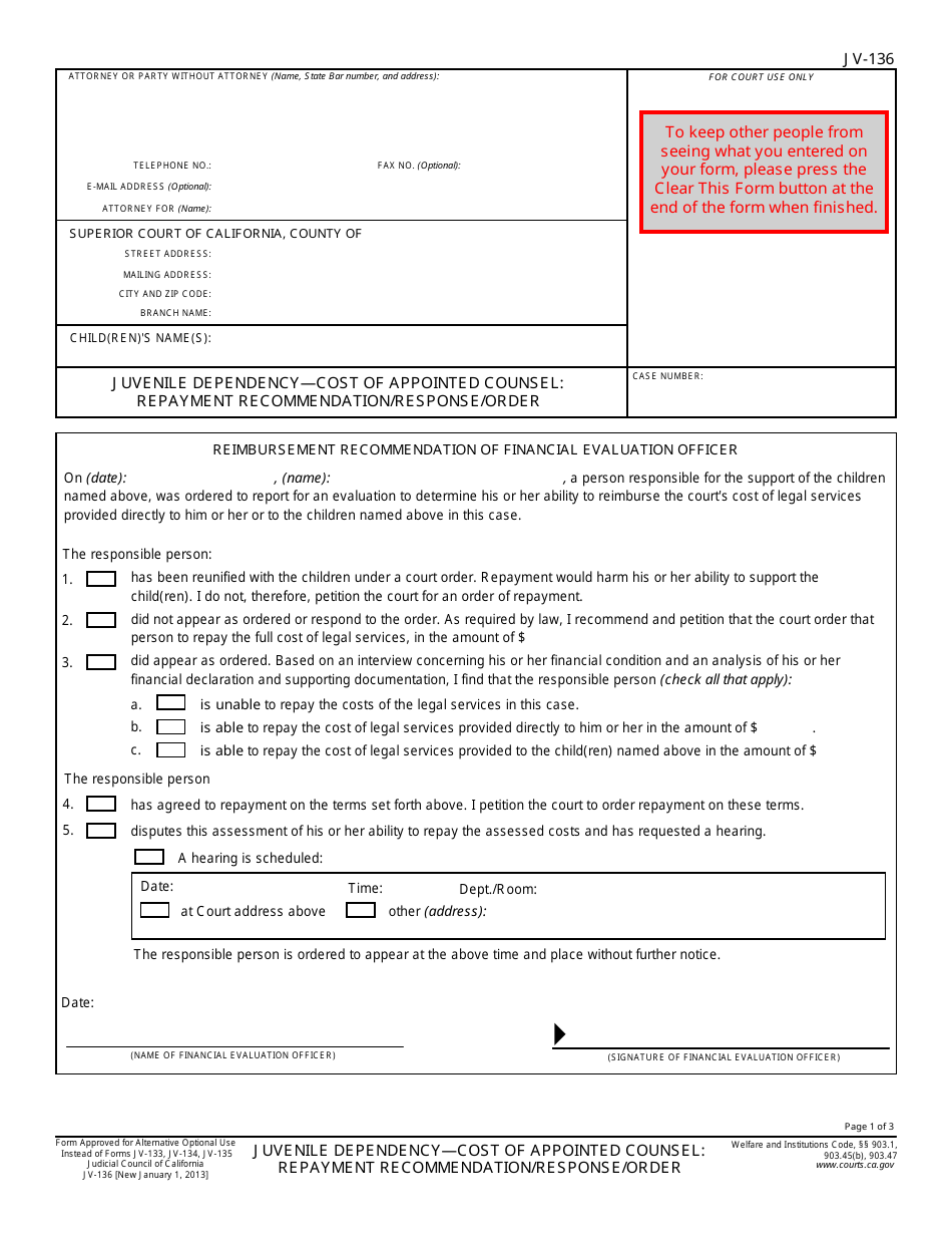 Form JV-136 Juvenile Dependency - Cost of Appointed Counsel: Repayment Recommendation / Response / Order - California, Page 1