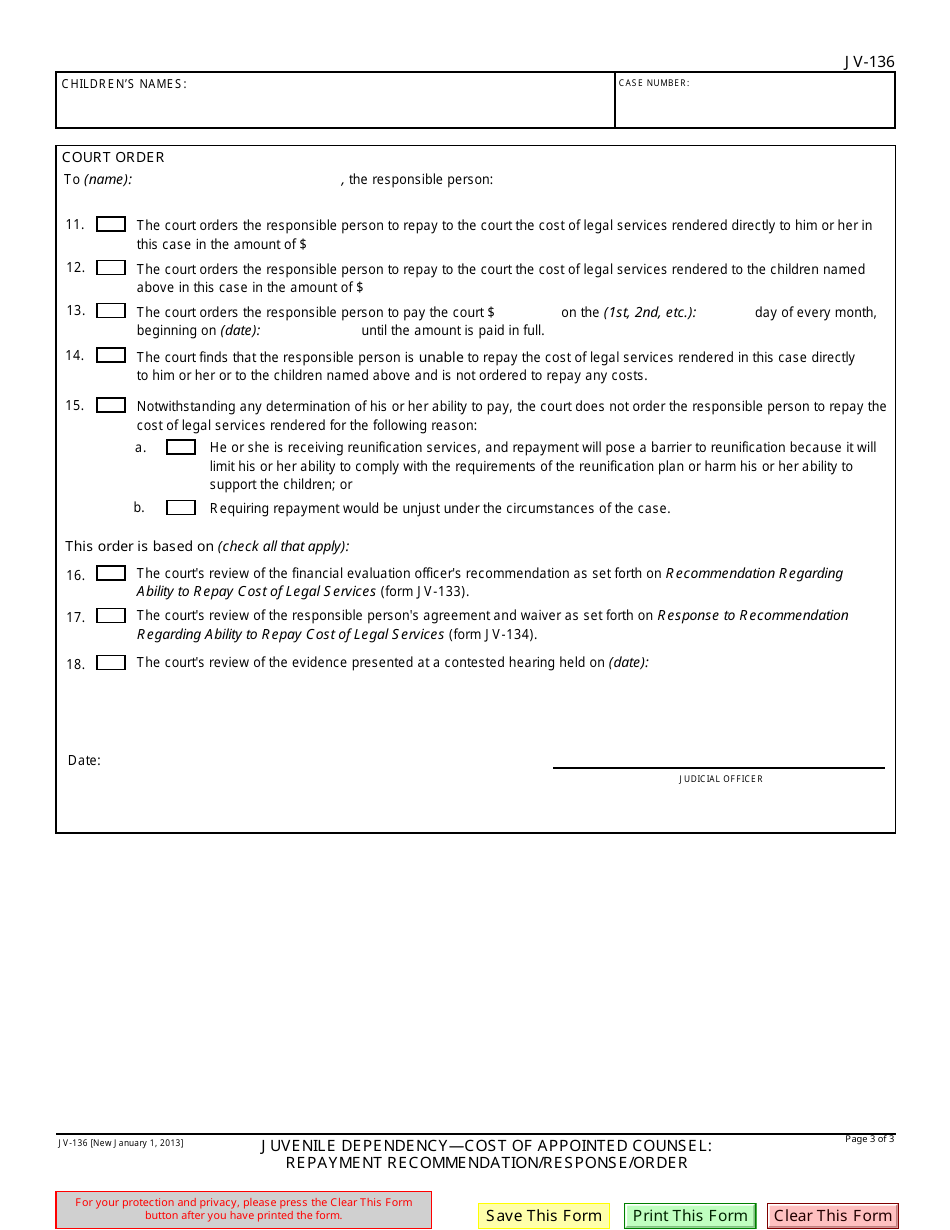 Form JV-136 Juvenile Dependency - Cost of Appointed Counsel: Repayment Recommendation / Response / Order - California, Page 3