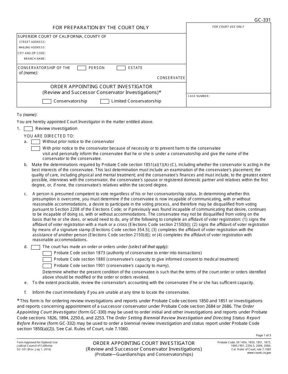 Form GC-331 Order Appointing Court Investigator (Review and Successor Conservator Investigations) - California, Page 1
