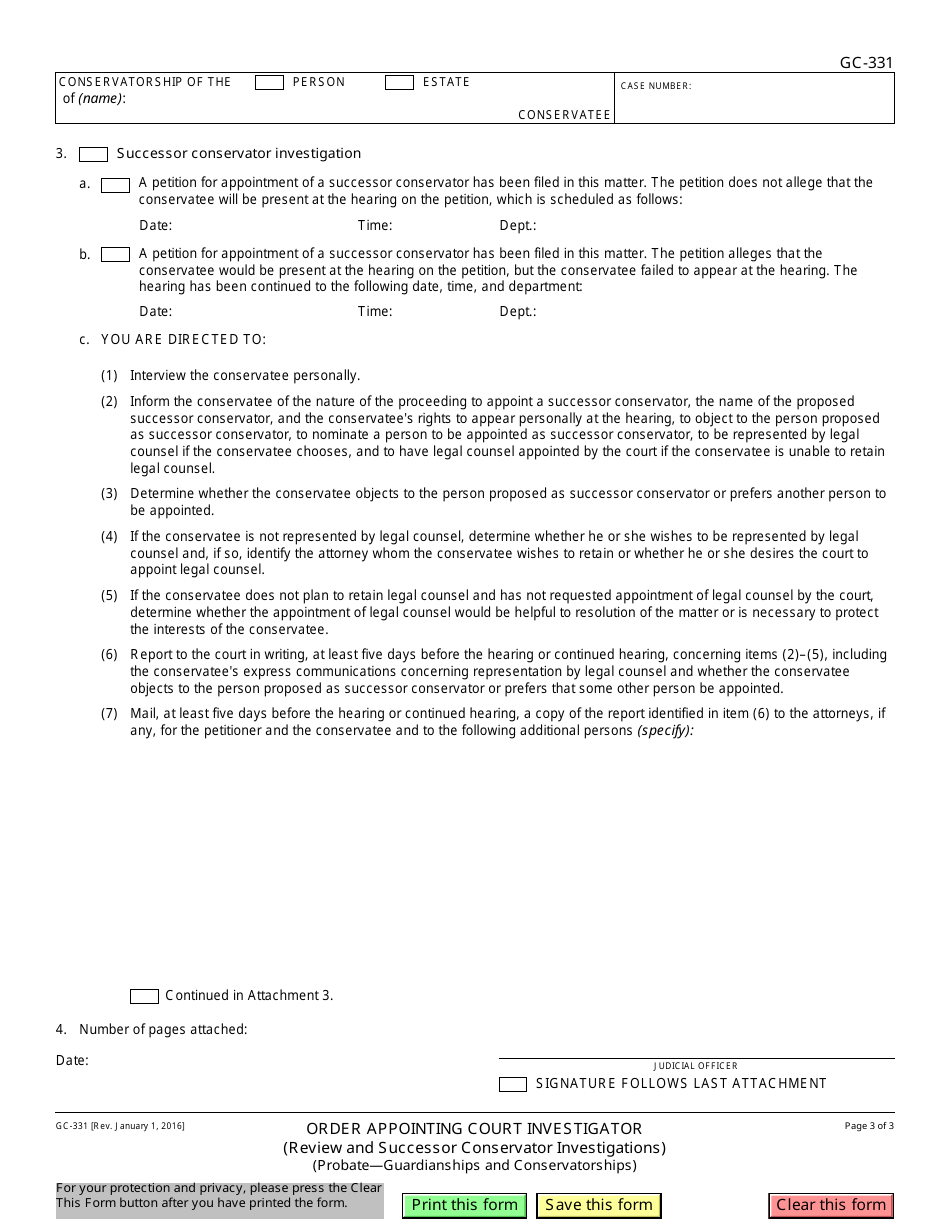 Form GC-331 Order Appointing Court Investigator (Review and Successor Conservator Investigations) - California, Page 3